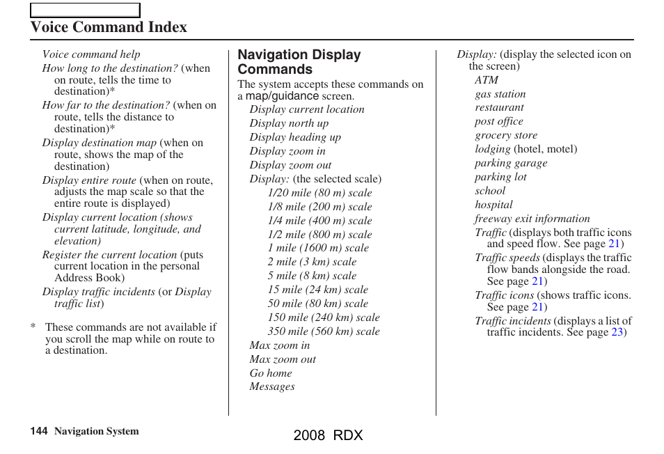 Voice command index, 2008 rdx | Acura 2008 RDX Navigation User Manual | Page 144 / 160