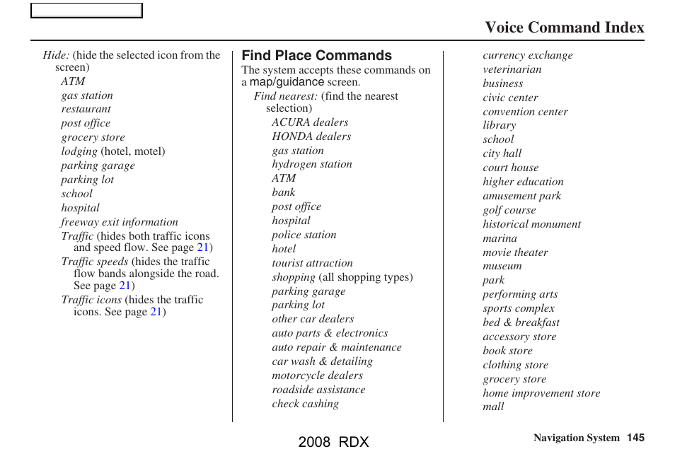 Voice command index, 2008 rdx | Acura 2008 RDX Navigation User Manual | Page 145 / 160
