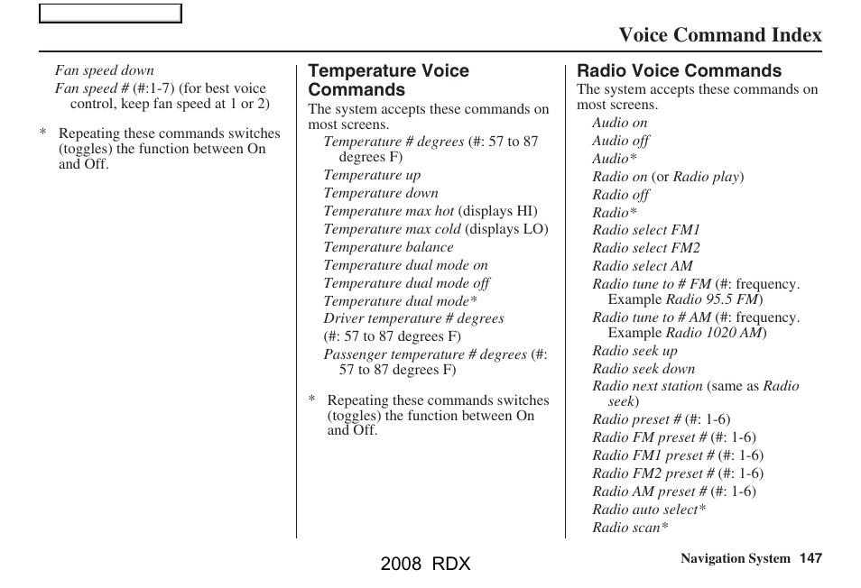 Voice command index, 2008 rdx | Acura 2008 RDX Navigation User Manual | Page 147 / 160