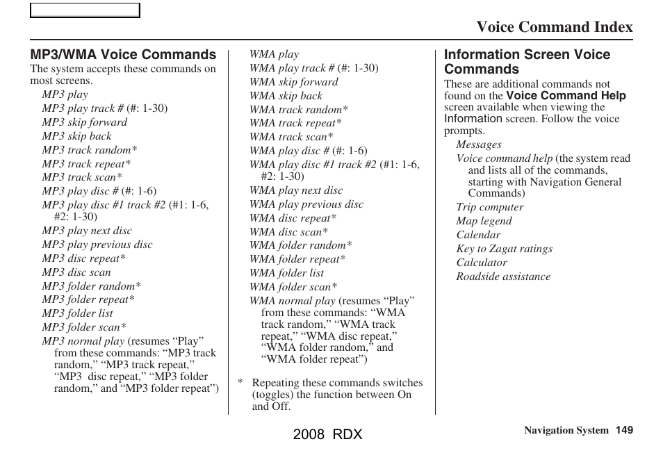 Voice command index, 2008 rdx | Acura 2008 RDX Navigation User Manual | Page 149 / 160