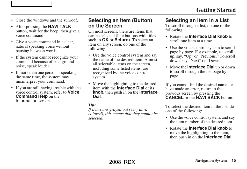 Getting started, 2008 rdx | Acura 2008 RDX Navigation User Manual | Page 15 / 160