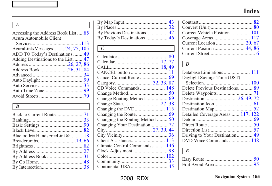 Index | Acura 2008 RDX Navigation User Manual | Page 155 / 160