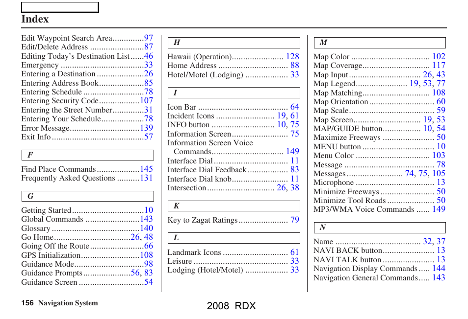 Index | Acura 2008 RDX Navigation User Manual | Page 156 / 160