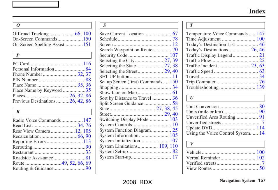 Index | Acura 2008 RDX Navigation User Manual | Page 157 / 160