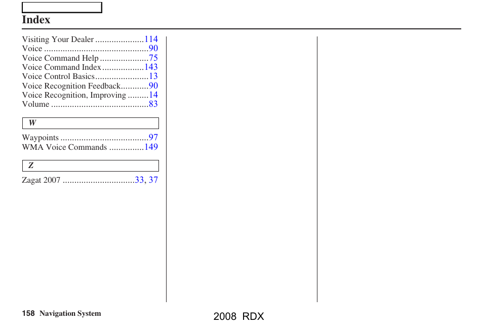 Index | Acura 2008 RDX Navigation User Manual | Page 158 / 160