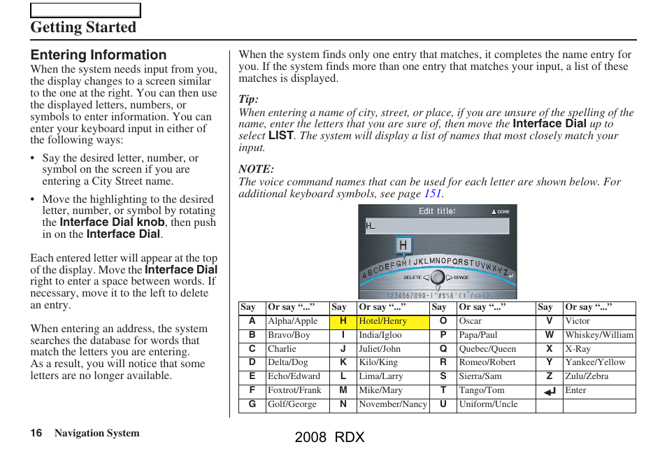 Getting started, 2008 rdx, Entering information | Acura 2008 RDX Navigation User Manual | Page 16 / 160