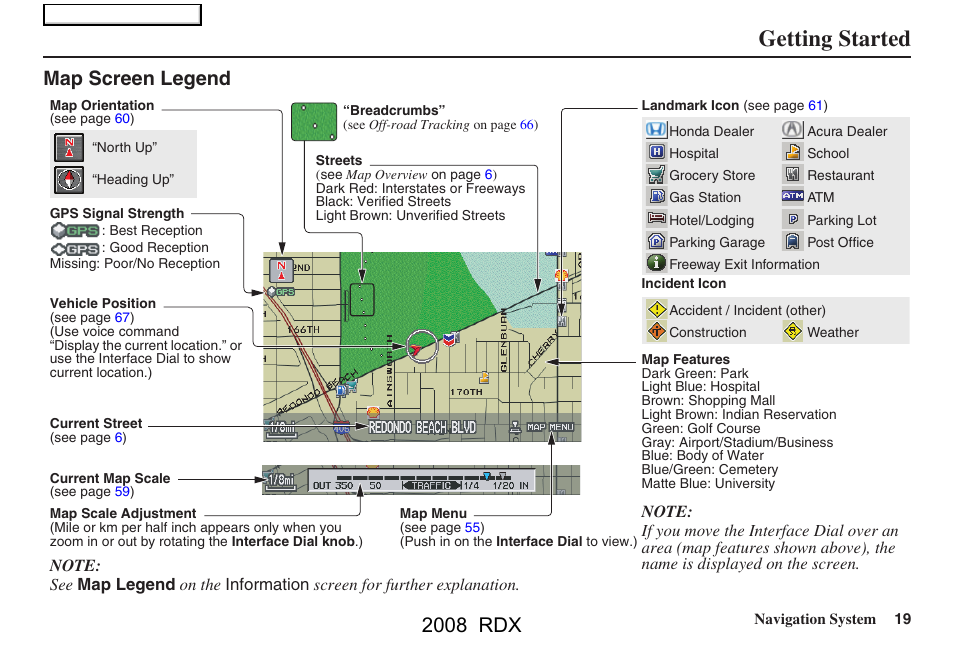 Getting started, 2008 rdx, Map screen legend | Acura 2008 RDX Navigation User Manual | Page 19 / 160