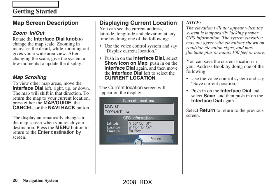 Getting started, 2008 rdx | Acura 2008 RDX Navigation User Manual | Page 20 / 160