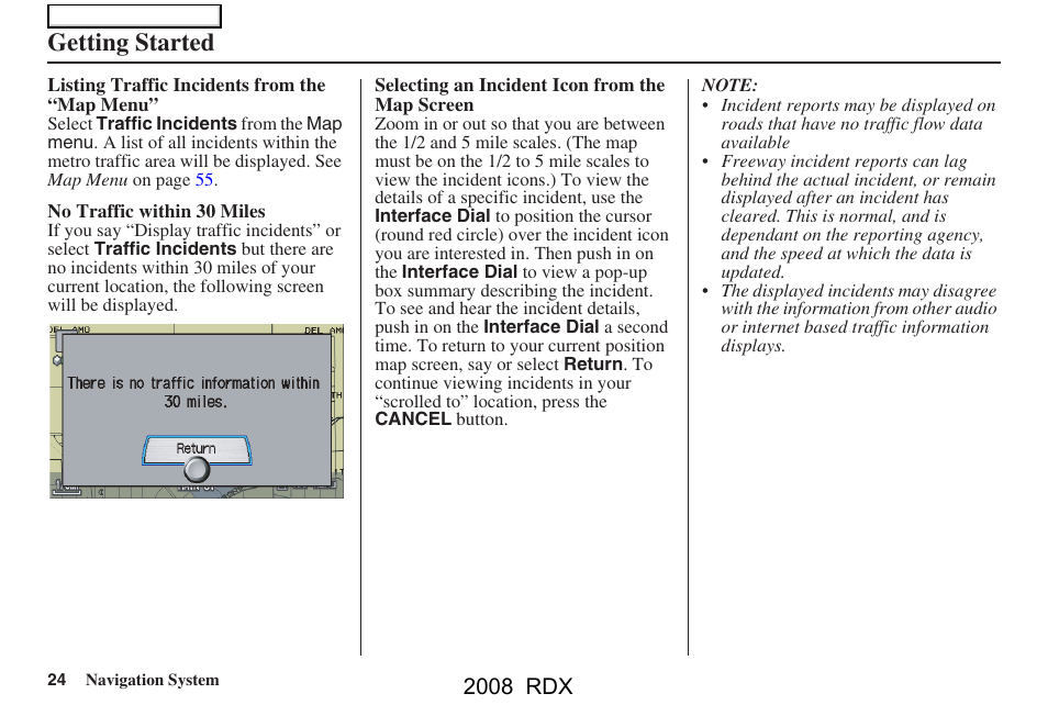 Getting started, 2008 rdx | Acura 2008 RDX Navigation User Manual | Page 24 / 160