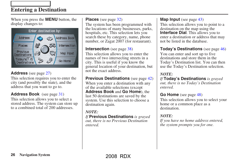 Entering a destination, 2008 rdx | Acura 2008 RDX Navigation User Manual | Page 26 / 160