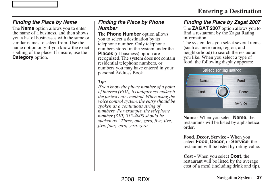 Entering a destination, 2008 rdx | Acura 2008 RDX Navigation User Manual | Page 37 / 160