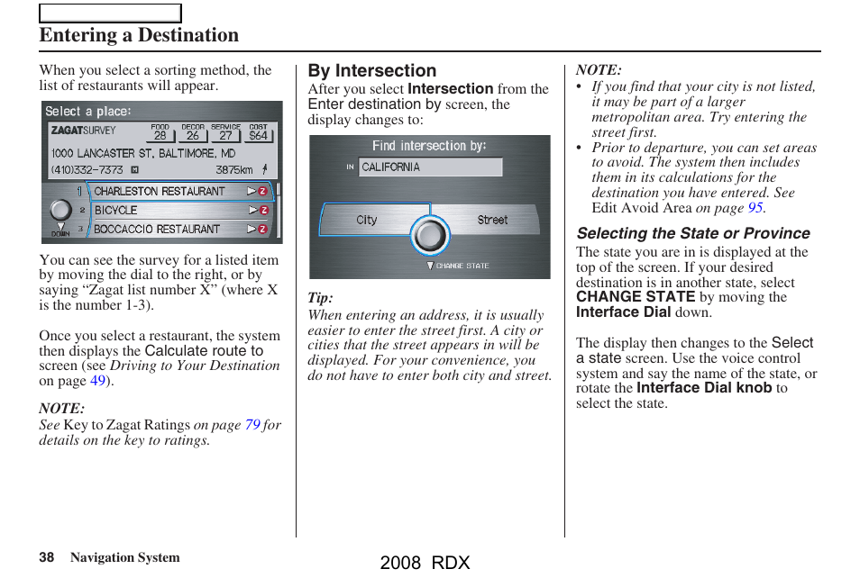 Entering a destination, 2008 rdx | Acura 2008 RDX Navigation User Manual | Page 38 / 160