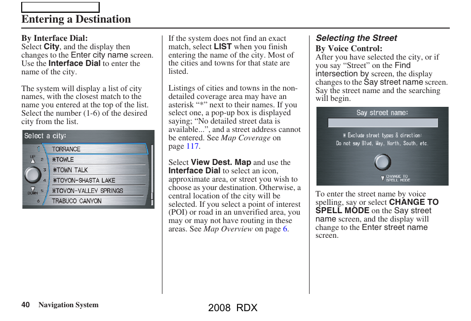 Entering a destination, 2008 rdx | Acura 2008 RDX Navigation User Manual | Page 40 / 160