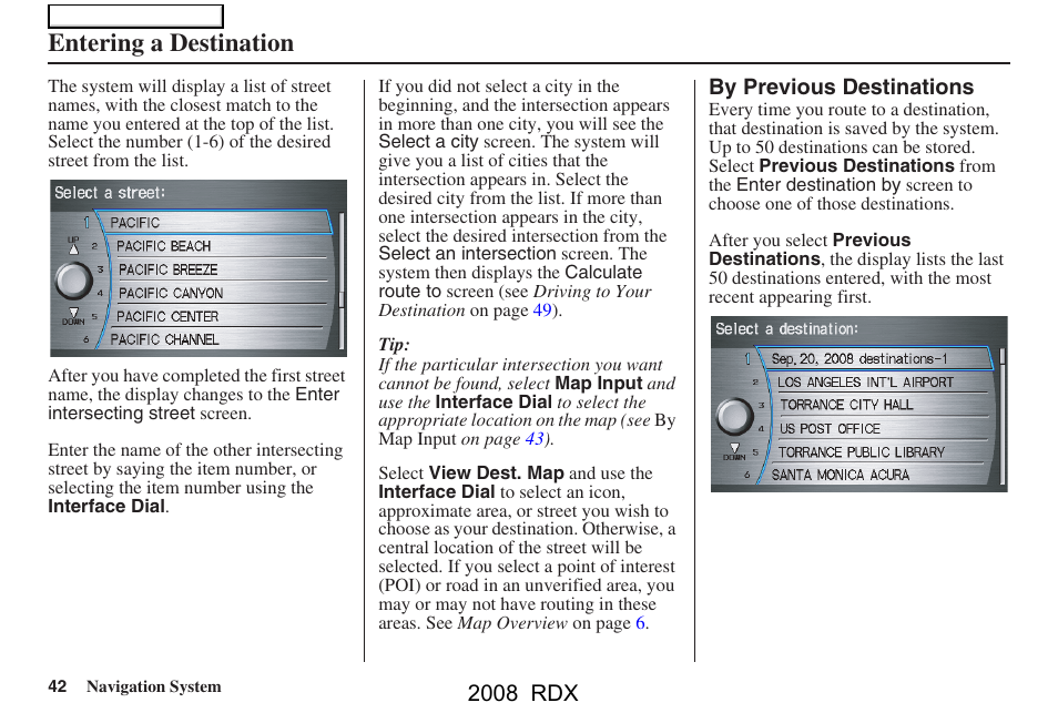 Entering a destination, 2008 rdx | Acura 2008 RDX Navigation User Manual | Page 42 / 160