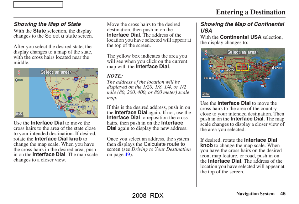 Entering a destination, 2008 rdx | Acura 2008 RDX Navigation User Manual | Page 45 / 160