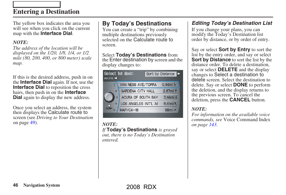 Entering a destination, 2008 rdx | Acura 2008 RDX Navigation User Manual | Page 46 / 160