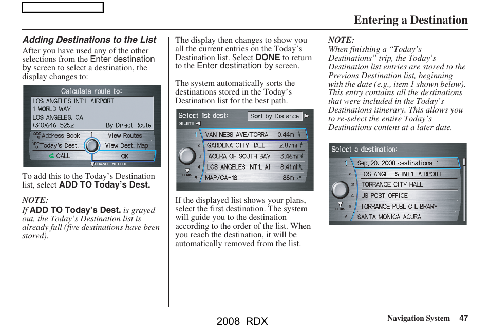 Entering a destination, 2008 rdx | Acura 2008 RDX Navigation User Manual | Page 47 / 160