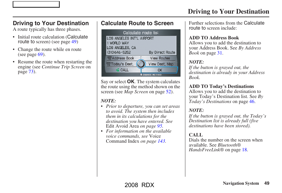 Driving to your destination, 2008 rdx | Acura 2008 RDX Navigation User Manual | Page 49 / 160