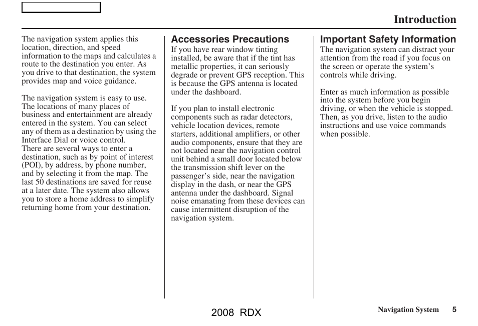 Introduction | Acura 2008 RDX Navigation User Manual | Page 5 / 160