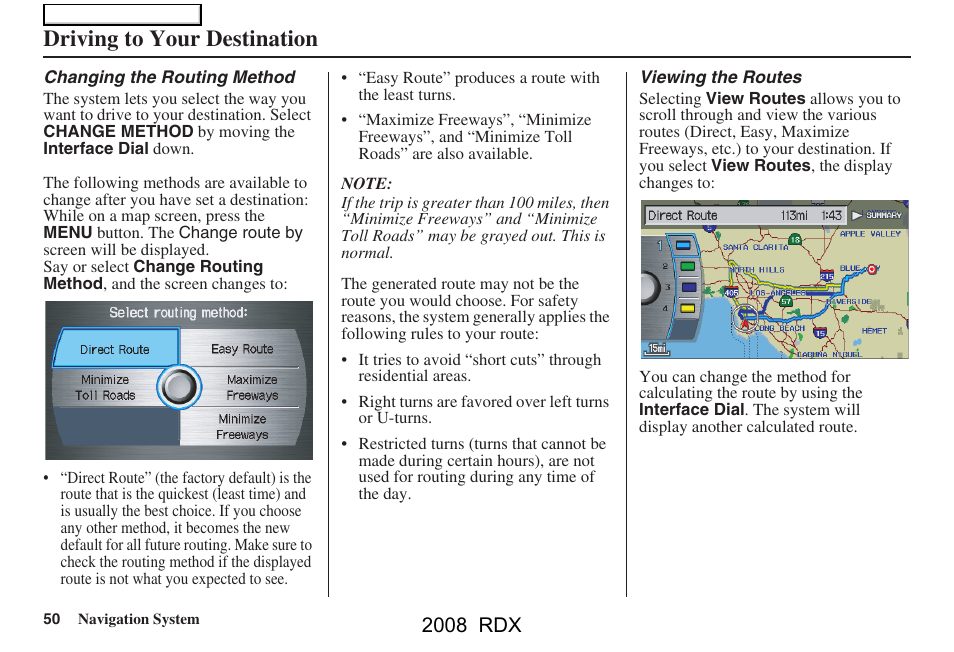 Driving to your destination, 2008 rdx | Acura 2008 RDX Navigation User Manual | Page 50 / 160