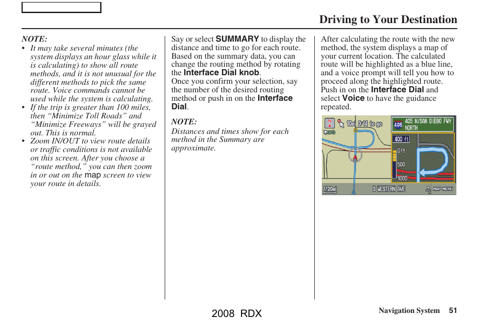 Driving to your destination, 2008 rdx | Acura 2008 RDX Navigation User Manual | Page 51 / 160