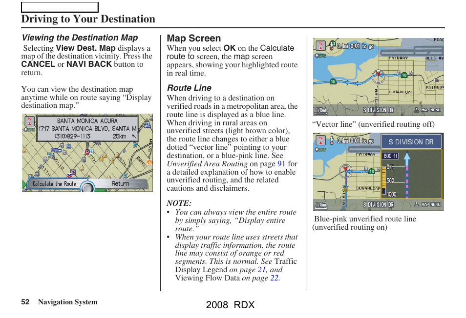 Driving to your destination, 2008 rdx | Acura 2008 RDX Navigation User Manual | Page 52 / 160