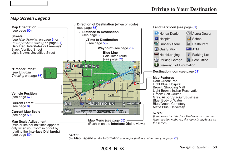 Driving to your destination, 2008 rdx, Map screen legend | Acura 2008 RDX Navigation User Manual | Page 53 / 160