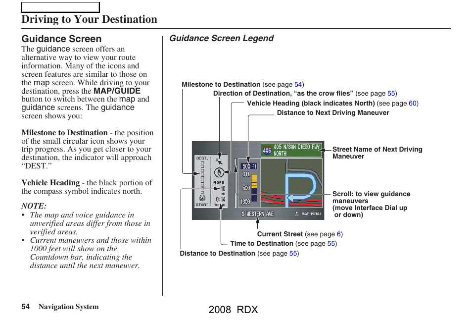 Driving to your destination, 2008 rdx, Guidance screen | Acura 2008 RDX Navigation User Manual | Page 54 / 160