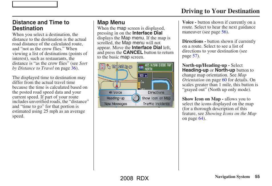 Driving to your destination, 2008 rdx | Acura 2008 RDX Navigation User Manual | Page 55 / 160