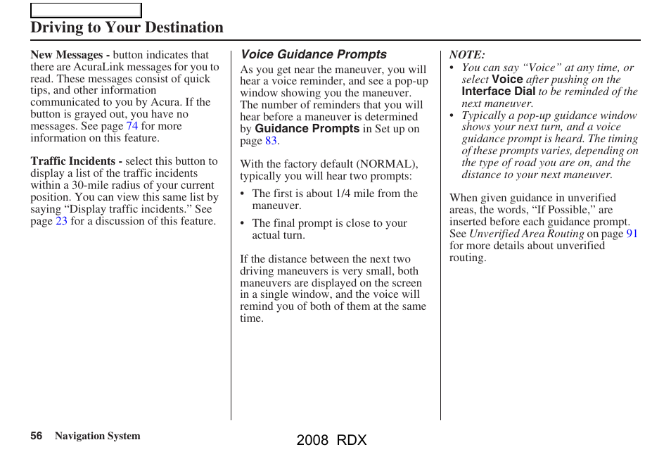 Driving to your destination, 2008 rdx | Acura 2008 RDX Navigation User Manual | Page 56 / 160