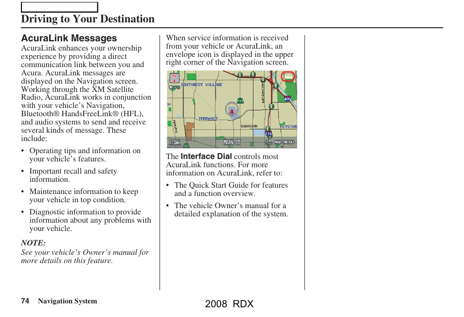Driving to your destination, 2008 rdx | Acura 2008 RDX Navigation User Manual | Page 74 / 160