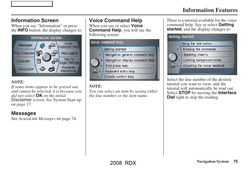 Information features | Acura 2008 RDX Navigation User Manual | Page 75 / 160