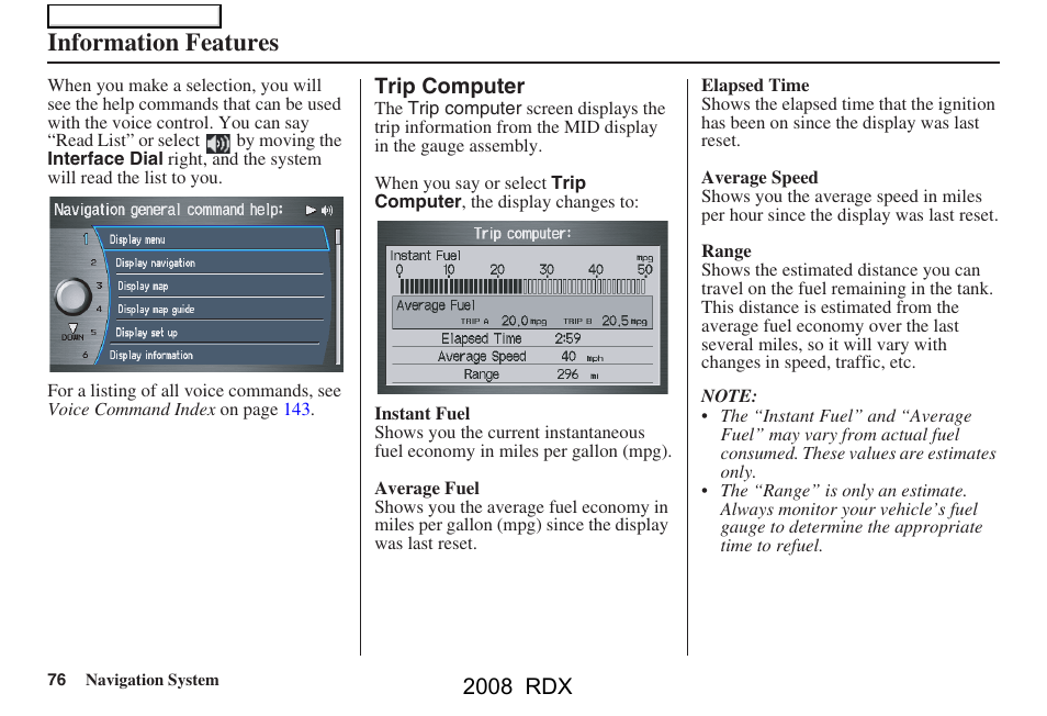 Information features, 2008 rdx | Acura 2008 RDX Navigation User Manual | Page 76 / 160