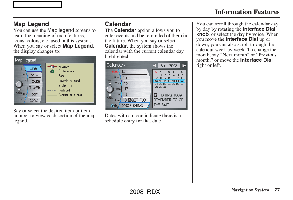 Information features | Acura 2008 RDX Navigation User Manual | Page 77 / 160