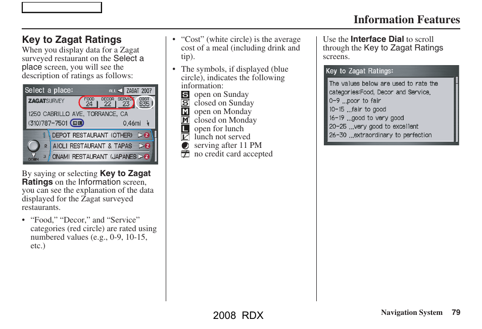 Information features, 2008 rdx | Acura 2008 RDX Navigation User Manual | Page 79 / 160