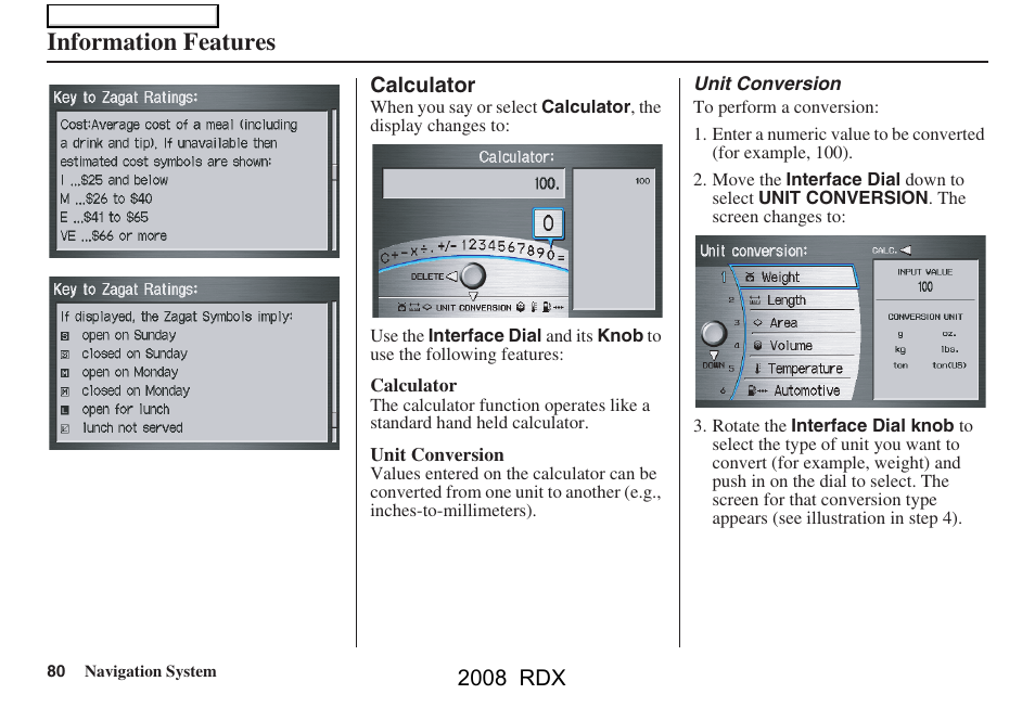 Information features | Acura 2008 RDX Navigation User Manual | Page 80 / 160