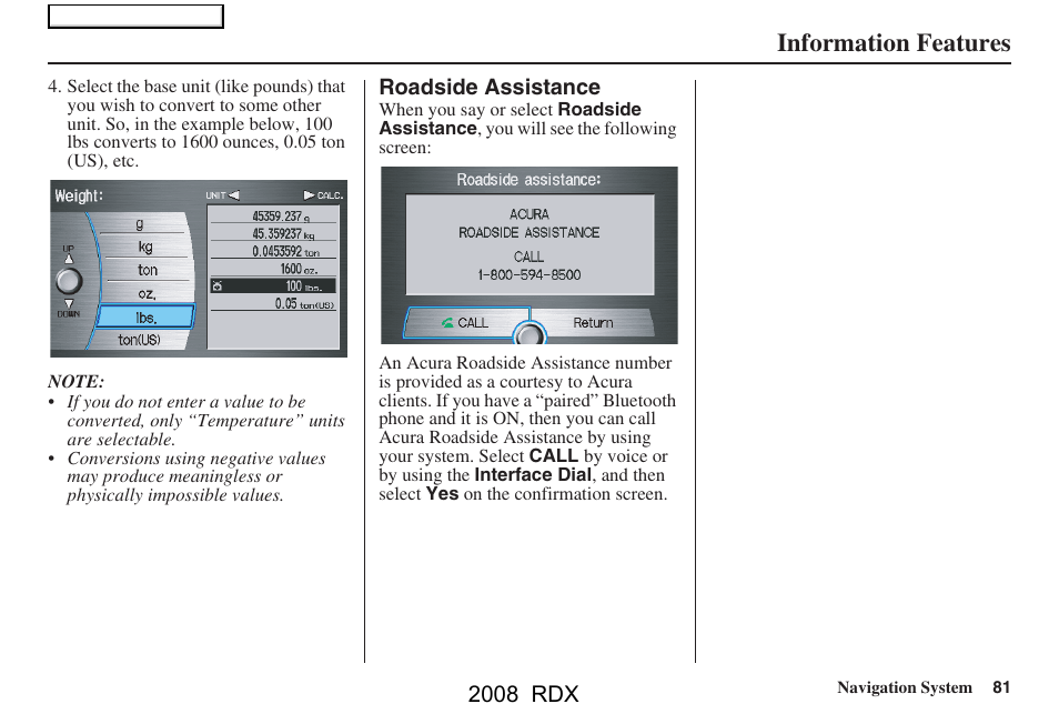 Information features | Acura 2008 RDX Navigation User Manual | Page 81 / 160