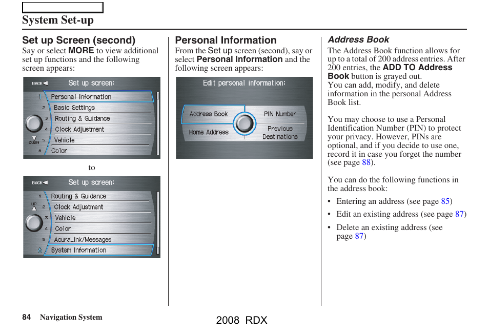 System set-up, 2008 rdx | Acura 2008 RDX Navigation User Manual | Page 84 / 160