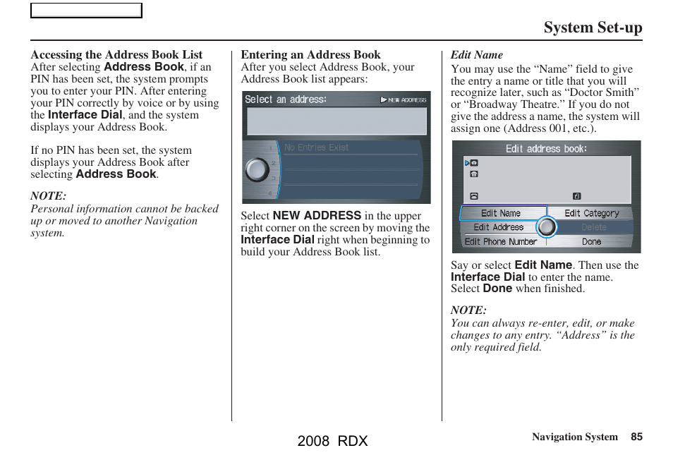 System set-up, 2008 rdx | Acura 2008 RDX Navigation User Manual | Page 85 / 160
