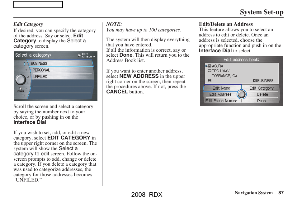System set-up, 2008 rdx | Acura 2008 RDX Navigation User Manual | Page 87 / 160