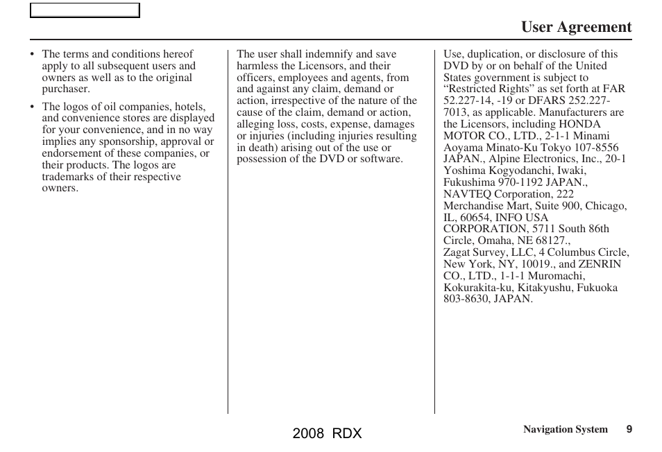 User agreement, 2008 rdx | Acura 2008 RDX Navigation User Manual | Page 9 / 160