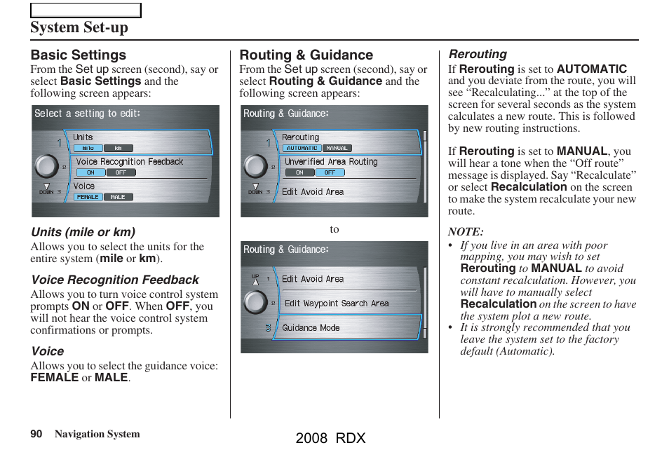 System set-up | Acura 2008 RDX Navigation User Manual | Page 90 / 160