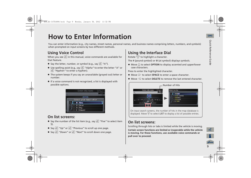 How to enter information, Using voice control, On list screens | Using the interface dial | Acura 2013 RDX Navigation User Manual | Page 10 / 260