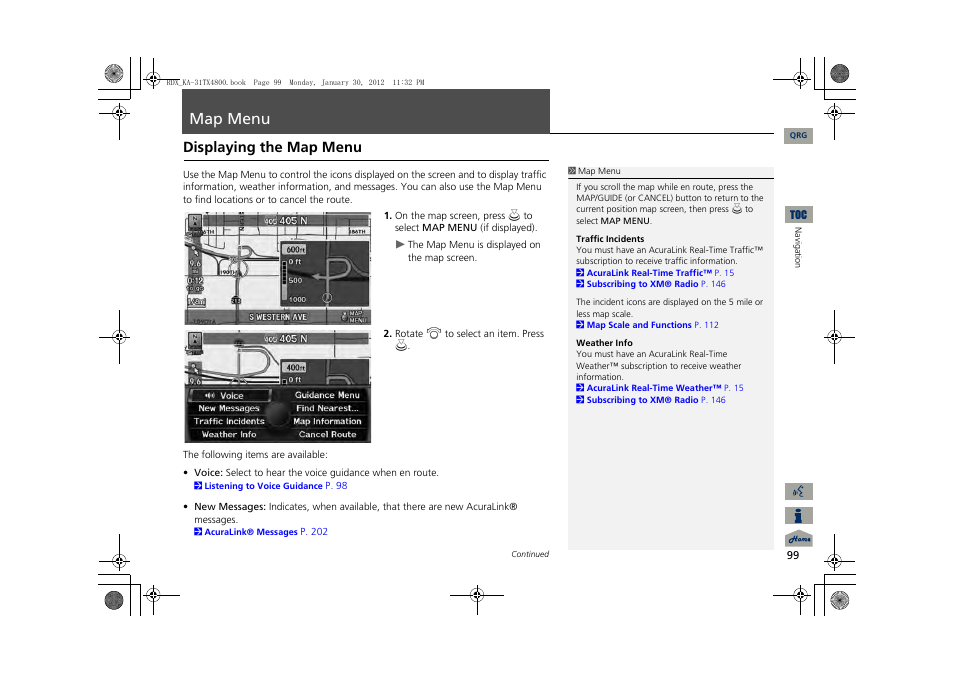 Menu, P99), Map menu | Displaying the map menu | Acura 2013 RDX Navigation User Manual | Page 100 / 260