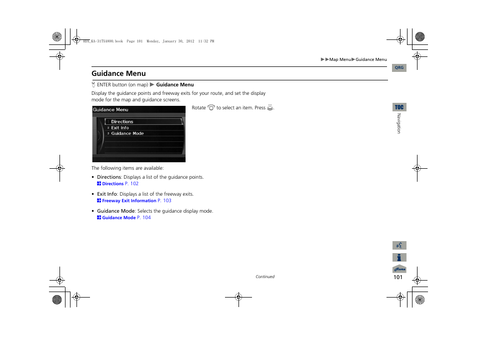 2 guidance menu, P. 101, Guidance menu | Acura 2013 RDX Navigation User Manual | Page 102 / 260