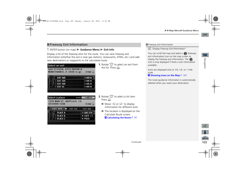 2 freeway exit information, P. 103 | Acura 2013 RDX Navigation User Manual | Page 104 / 260