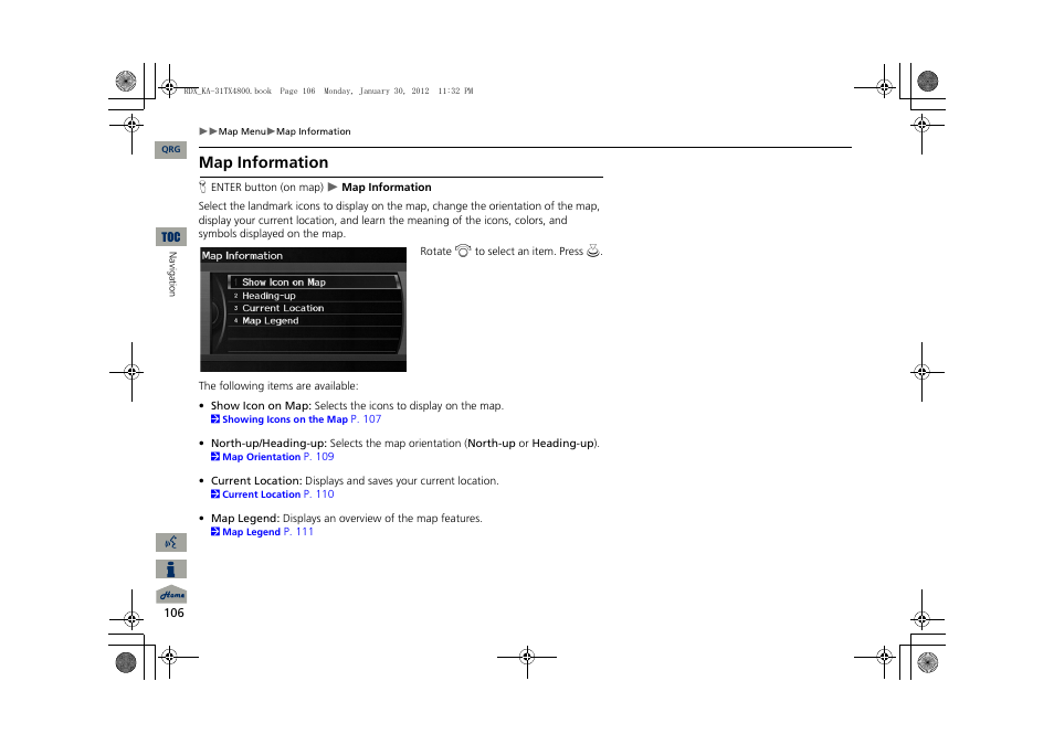 2 map information, P. 106, Map information | Acura 2013 RDX Navigation User Manual | Page 107 / 260