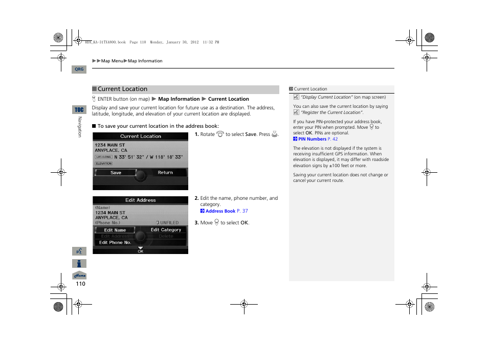 P110), 2 current location, P. 110 | Acura 2013 RDX Navigation User Manual | Page 111 / 260