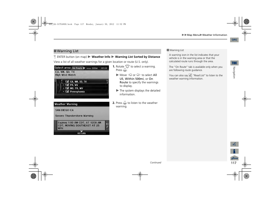 P117), 2 warning list, P. 117 | Acura 2013 RDX Navigation User Manual | Page 118 / 260