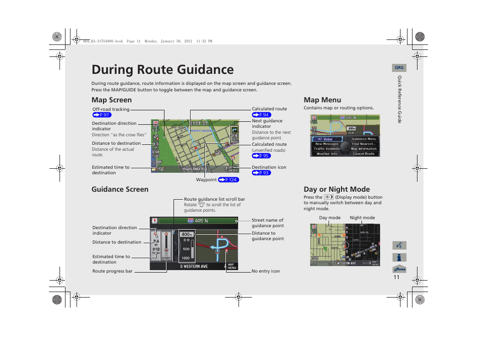 During route guidance, Map screen guidance screen, Map menu | Day or night mode | Acura 2013 RDX Navigation User Manual | Page 12 / 260